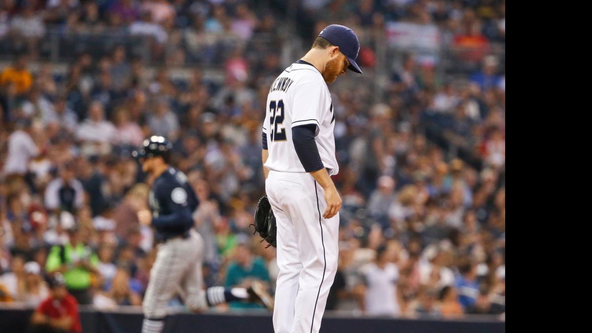 
The Mariners’ Brad Miller rounds third after hitting a two-run homer off Padres’ starter Ian Kennedy in the fourth inning Tuesday. 
