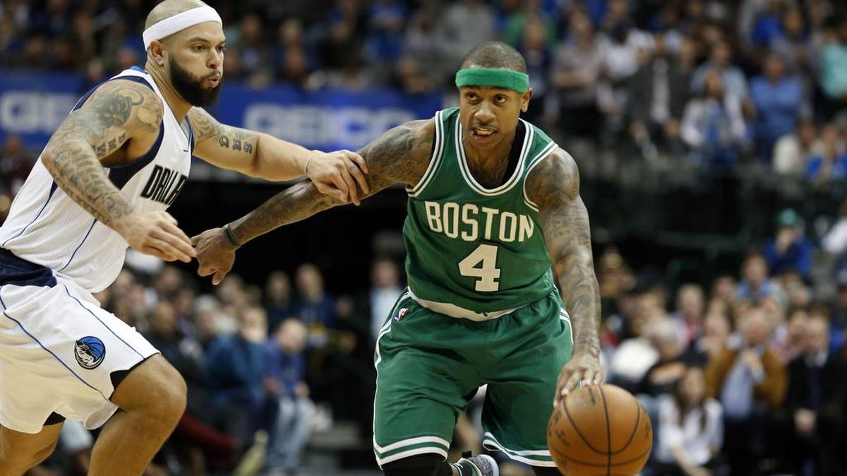 Boston’s Isaiah Thomas (4) eludes Deron Williams of Dallas in a game last month. Thomas has developed more tricks with the dribble and new stepback combinations.