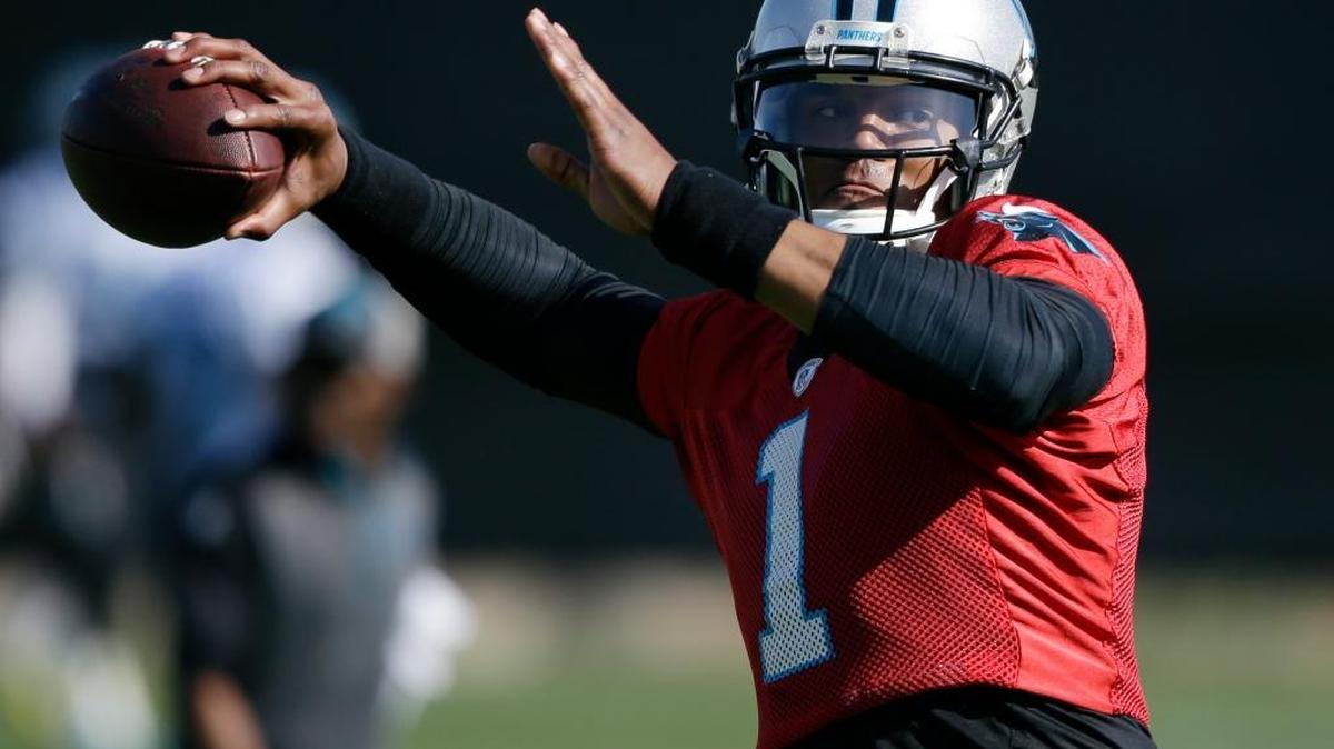 Carolina Panthers quarterback Cam Newton (1) throws during practice in preparation for the Super Bowl 50 football game Friday Feb. 5, in San Jose, Calif.