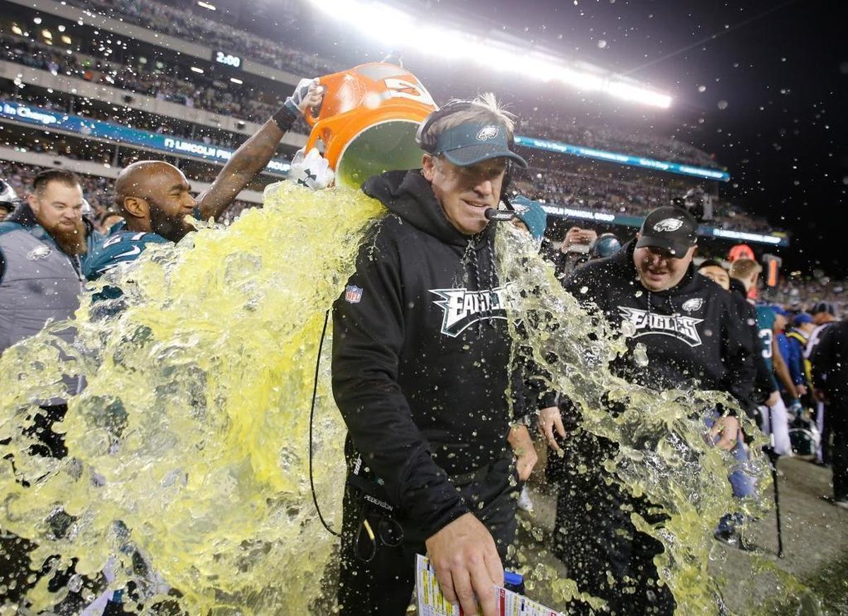 Philadelphia Eagles head coach Doug Pederson gets the Gatorade bath late in the fourth quarter against the Minnesota Vikings during the NFC Championship game Jan. 21 at Lincoln Financial Field in Philadelphia.