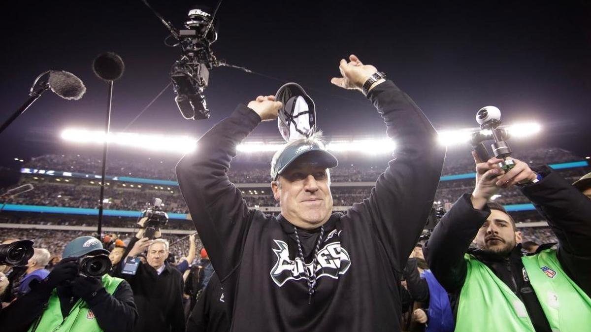 Bellingham native Doug Pederson, who played quarterback at Ferndale High School, exults after his Eagles won the NFC championship and advanced to Super Bowl LII.