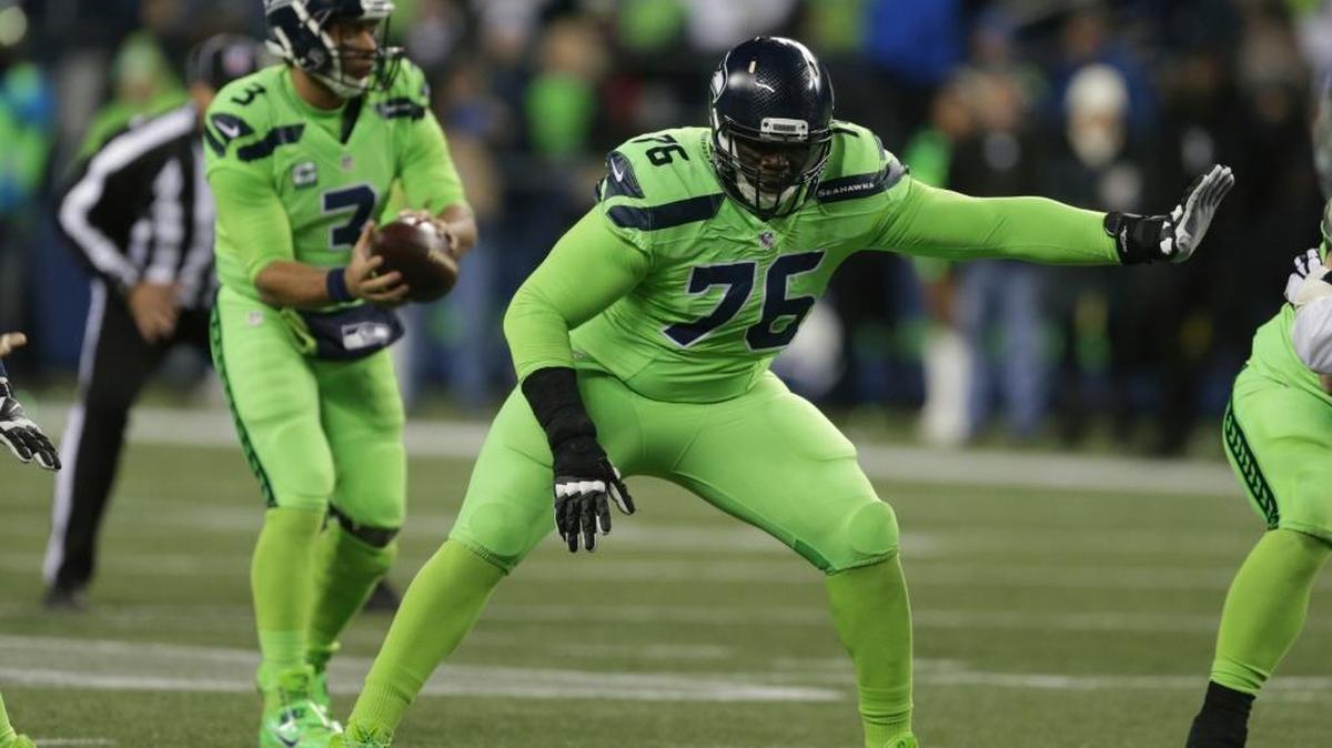 It has been a rough season for Seattle guard Germaine Ifedi and the rest of the offensive line. Here he blocks for quarterback Russell Wilson against the Los Angeles Rams on Thursday, Dec. 15, 2016, in Seattle.