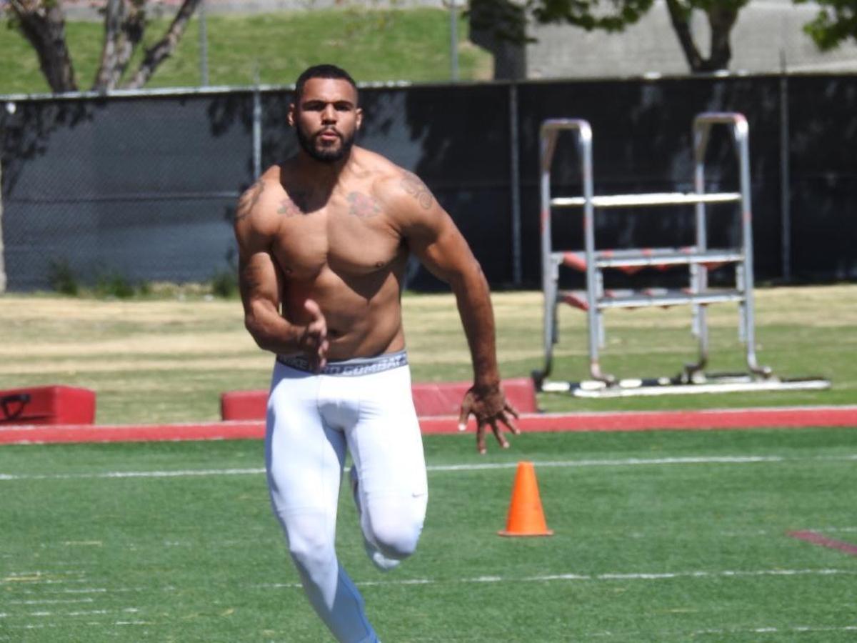 Andrew Price goes through drills during UNLV’s pro day March 28 in Las Vegas. Price, a graduate of Blaine High School, hopes to be selected in the 2017 NFL Draft this weekend.