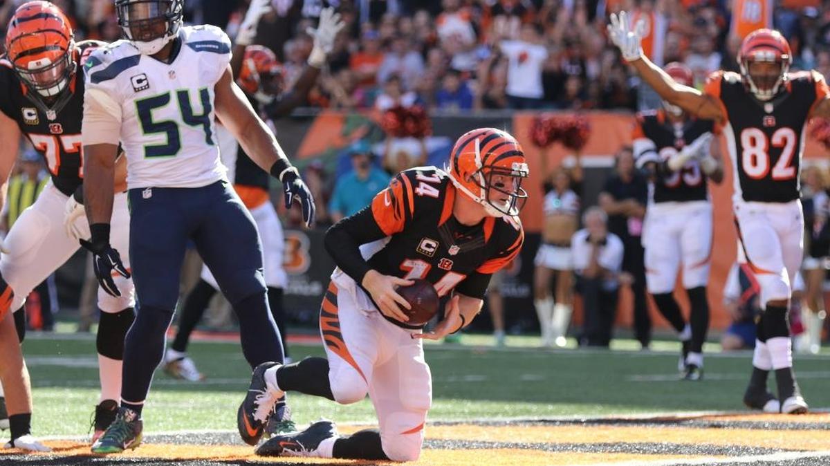 
Cincinnati Bengals quarterback Andy Dalton (14) scores a touchdown in the fourth quarter Sunday. The Seahawks gave up four scoring drives in the fourth quarter and overtime, losing after holding a 17-point lead. 
