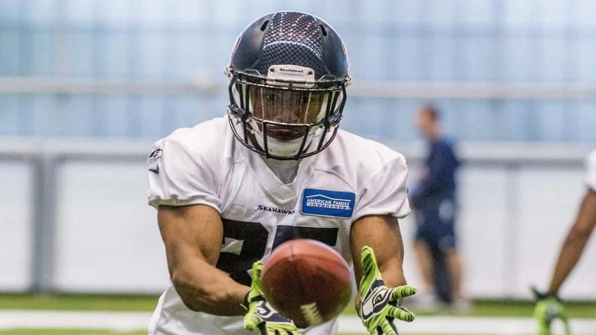 
Seahawks cornerback DeShawn Shead catches a pass during a team practice in June. Shead will be a player to watch in Saturday’s exhibition game against the San Diego Chargers. 
