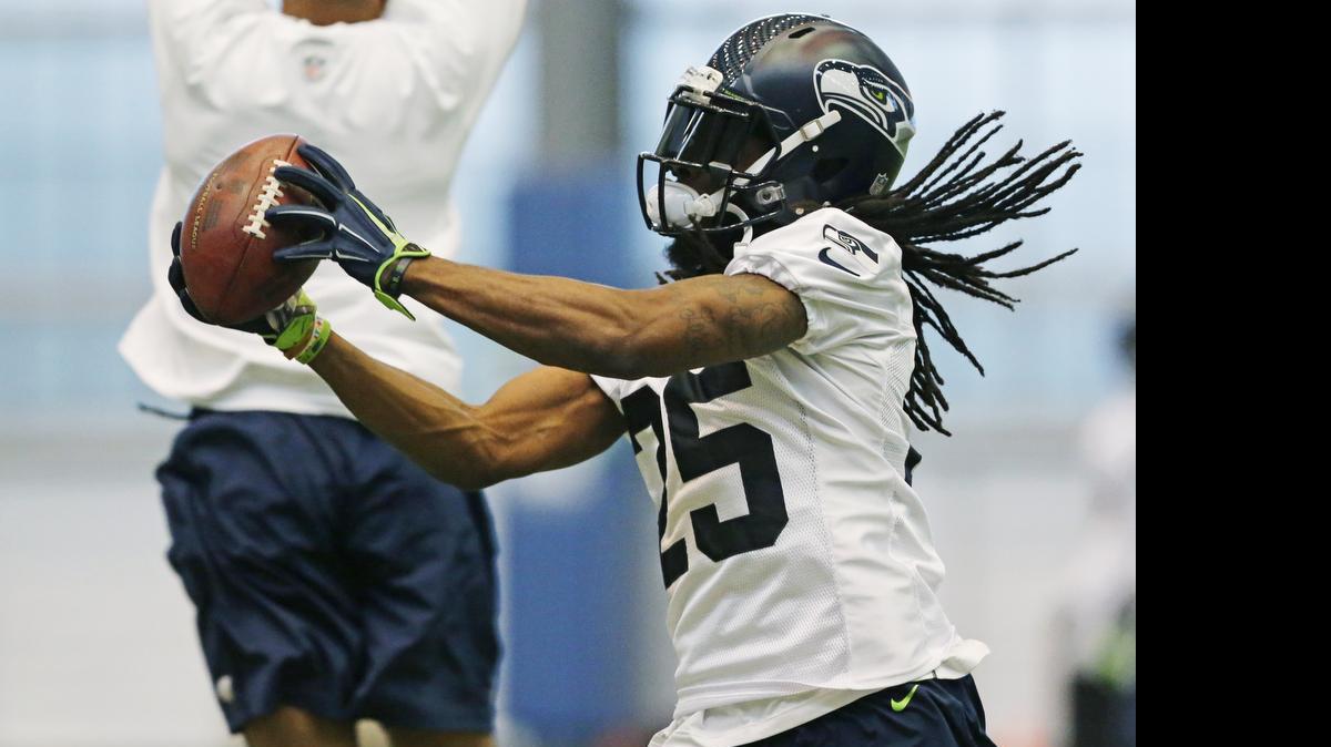 
Richard Sherman welcomed a baby boy in February, days after playing in the Super Bowl. Sherman is relieved that he avoided the surgery he initially thought he would need on an elbow.
