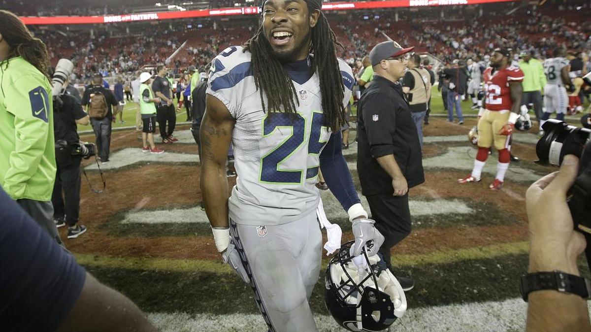 Seattle’s Richard Sherman is all smiles after Thursday’s 20-3 victory at San Francisco. The Seahawks improve to 3-4.