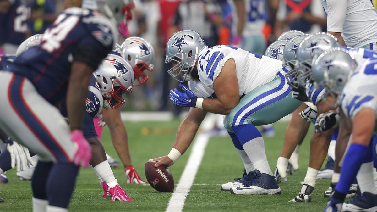The Dallas Cowboys line up against the New England Patriots on Oct. 11, 2015, in Arlington, Texas.