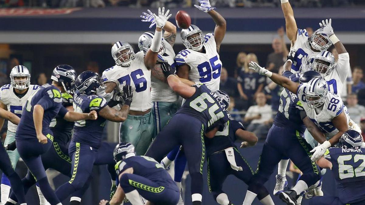 Dallas Cowboys defensive tackle David Irving (95) gets up to block a field goal by Seattle Seahawks kicker Steven Hauschka (4) during the second half on Sunday, Nov. 1, 2015, at AT&T Stadium in Arlington, Texas.
