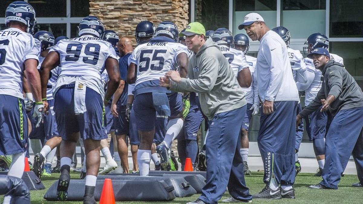 Seahawks coaches encourage players Wednesday during agility drills at the Virginia Mason Athletic Center, the Seattle Seahawks training facility, in Renton during practice.