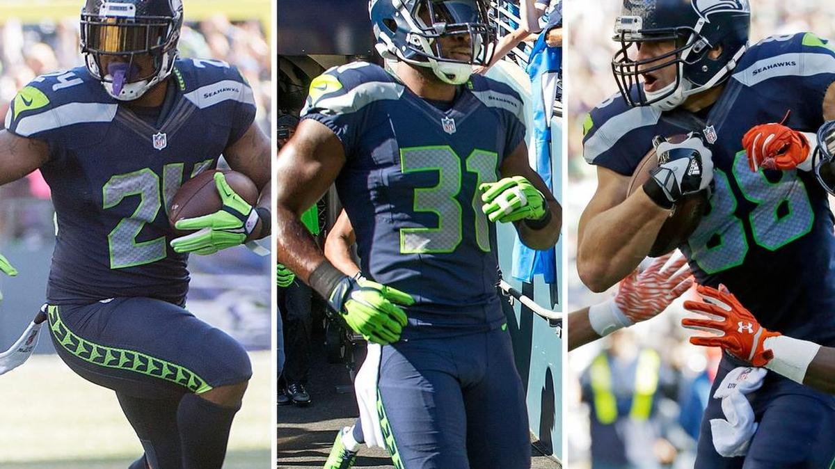 The future roles of, from left, Marshawn Lynch, Kam Chancellor and Jimmy Graham with the Seahawks will be resolved this offseason.