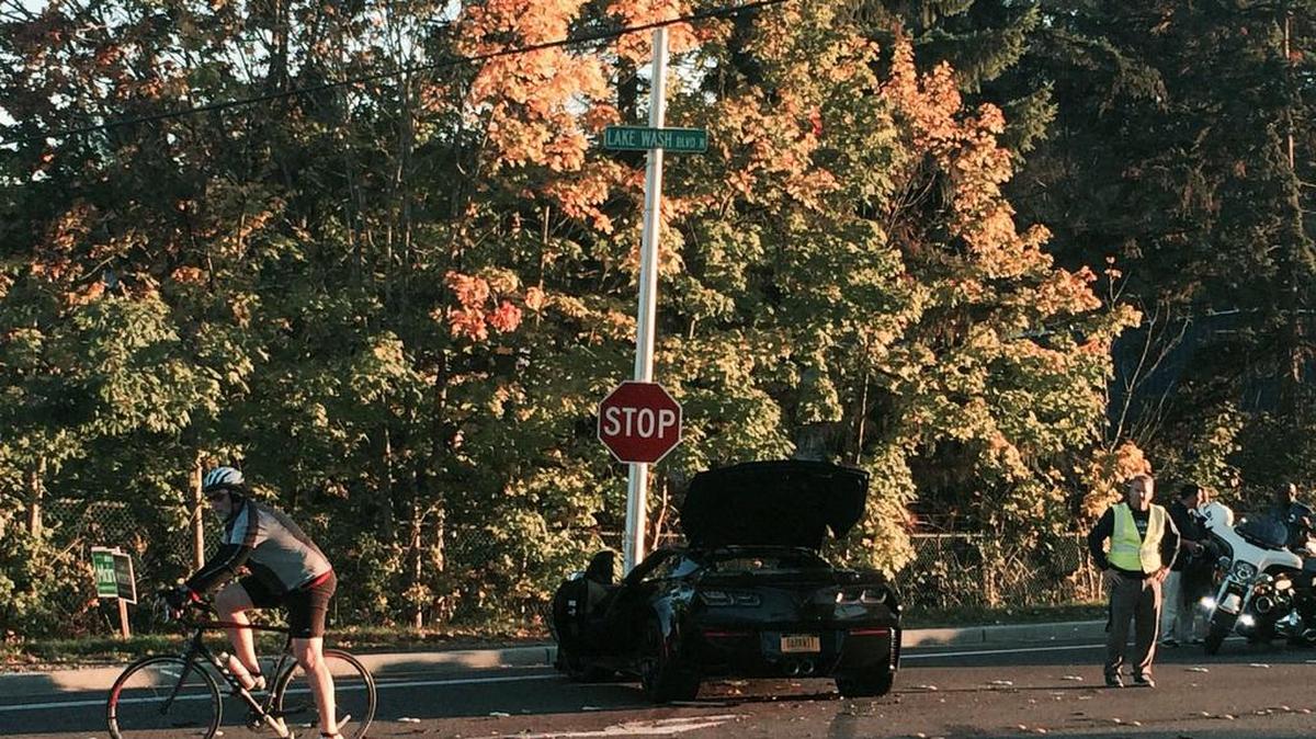 A black Corvette that was being driven by Seattle Seahawks running back Fred Jackson is shown Tuesday, Oct. 20, 2015, after it crashed near the Seahawks’ headquarters in Renton.