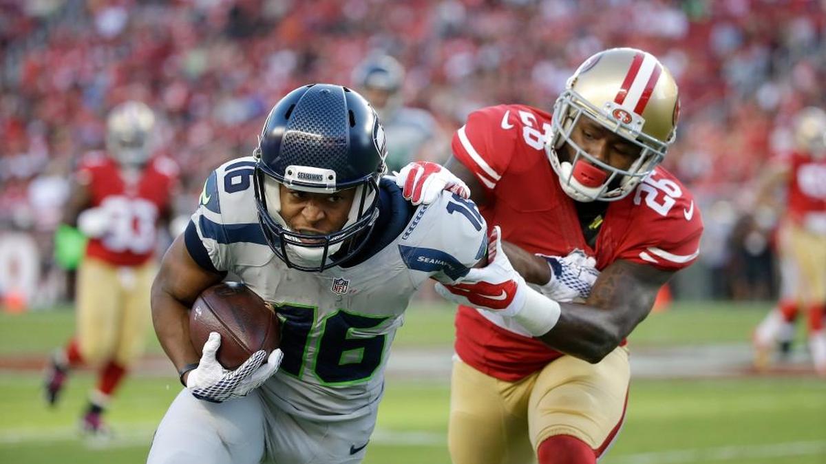 Seattle Seahawks wide receiver Tyler Lockett (16) runs against San Francisco 49ers cornerback Tramaine Brock (26) during the first half of a 2015 game in Santa Clara, Calif.