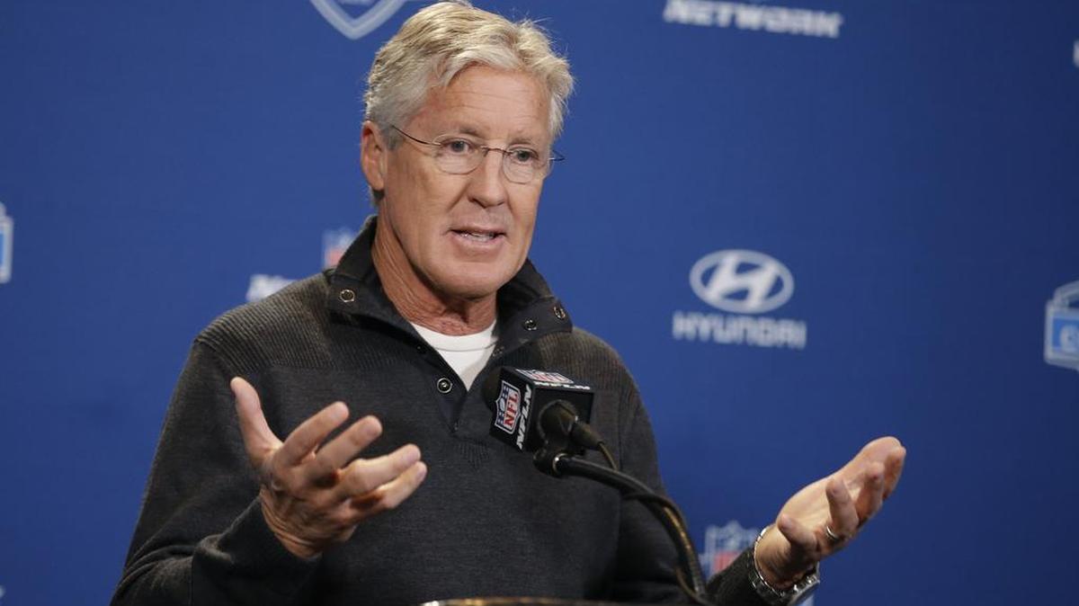 Seahawks coach Pete Carroll responds to a question during a news conference at the NFL scouting combine Thursday in Indianapolis.