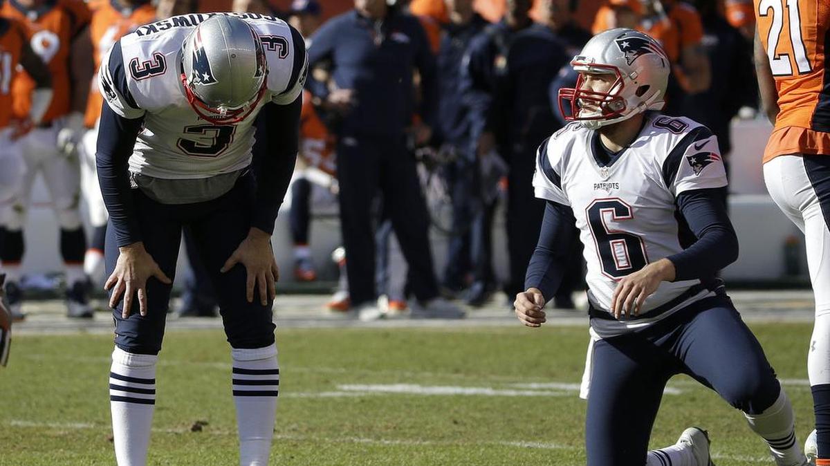 New England Patriots kicker Stephen Gostkowski (6) reacts after missing a point-after- touchdown attempt Sunday against Denver. The miss was his first in 524 attempts.