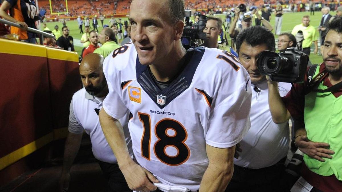 
Denver Broncos quarterback Peyton Manning leaves the field following the Broncos’ improbable 31-24 win over the Kansas City Chiefs on Thursday night. 
