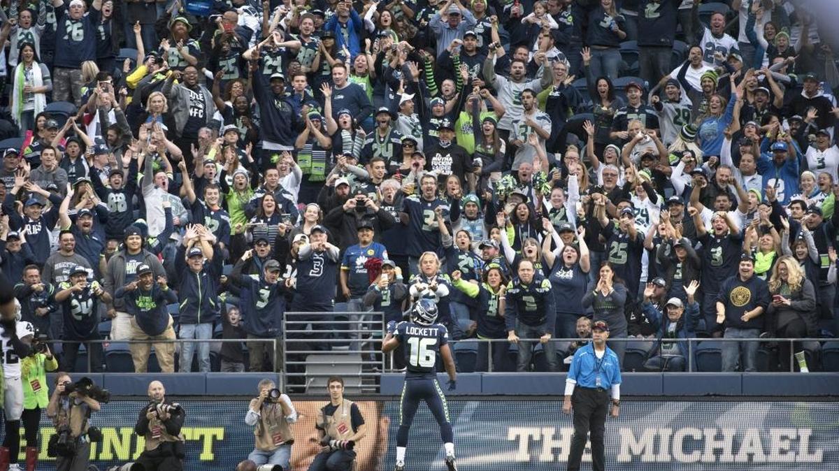 
Seahawks rookie Tyler Lockett celebrates after scoring on a 63-yard touchdown catch against the Oakland Raiders at CenturyLink Field on Thursday.
