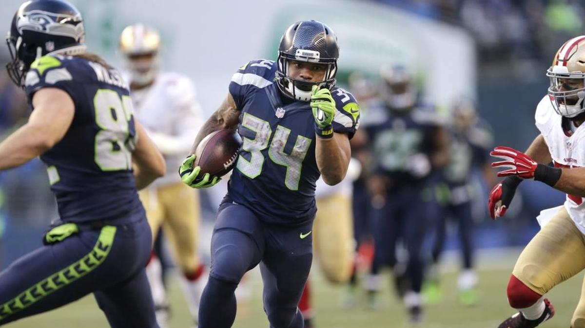 Seattle Seahawks’ Thomas Rawls (34) in action against the San Francisco 49ers on Sunday, Nov. 22, 2015, in Seattle.