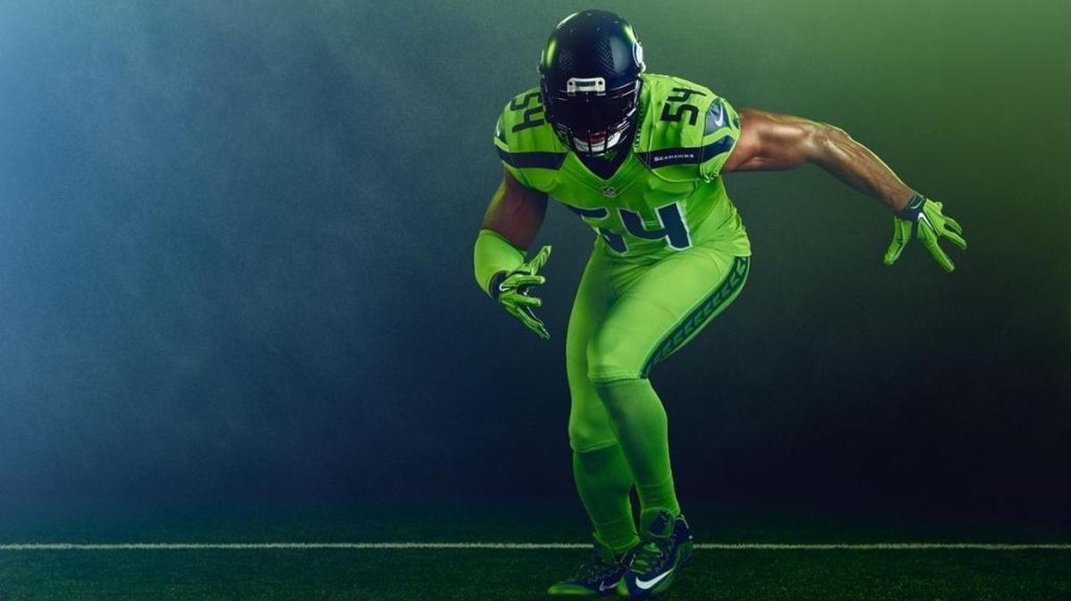 Linebacker Bobby Wagner depicted in the Seahawks’ “Action Green” uniforms the team wore for their 2016 home game against the Los Angeles Rams. Thursday against Green Bay, the Seahawks are wearing all blue, which might signal the end to this “color rush” uniform.
