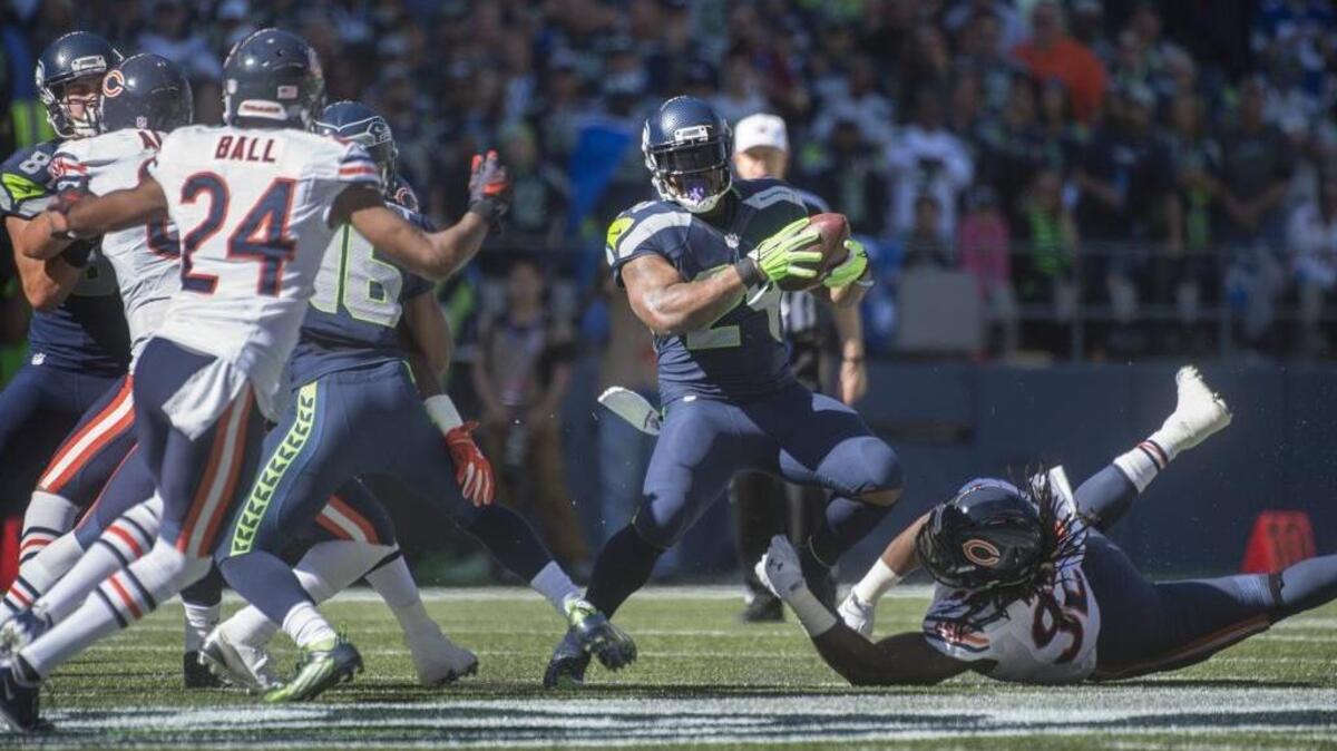 
Seahawks running back Marshawn Lynch, who played sparingly against the Chicago Bears on Sunday, missed his last game for Seattle in October 2011 at Cleveland.
