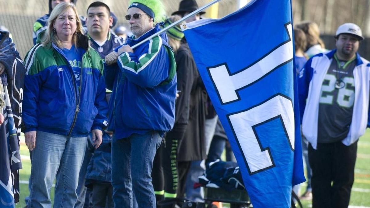 Seattle Seahawks fans in Bellingham gather at Civic Stadium for a rally organized by Cascade Radio Group on Jan. 31, 2014.