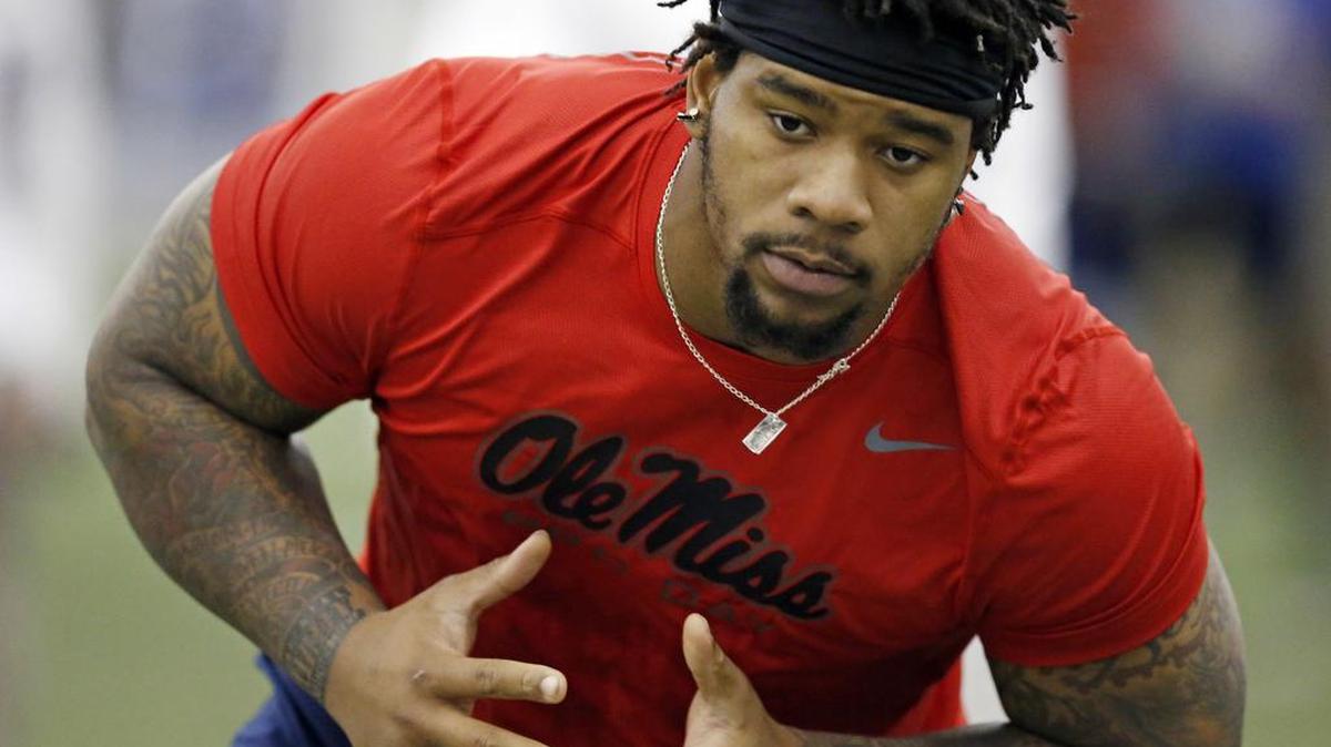 Robert Nkemdiche steps into an agility drill at Mississippi’s NFL Pro Day in March, which showcases players for the NFL draft.