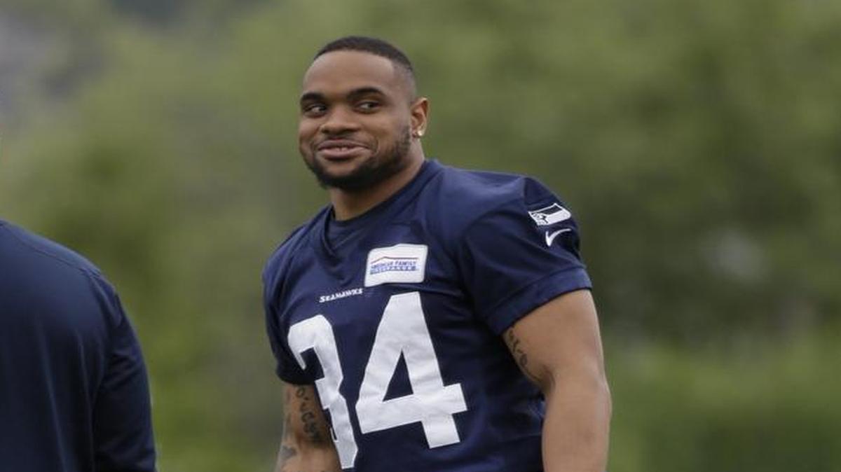 Thomas Rawls at Seahawks OTAs last week. Seattle’s new lead running back is recovering from a broken ankle and torn ligaments.