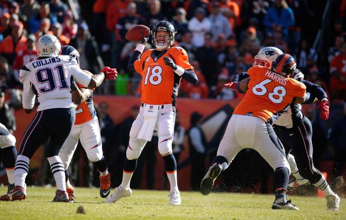 Denver Broncos quarterback Peyton Manning (18) reaches back to pass during the first half the NFL football AFC Championship game between the Denver Broncos and the New England Patriots, Sunday, Jan. 24, 2016, in Denver.