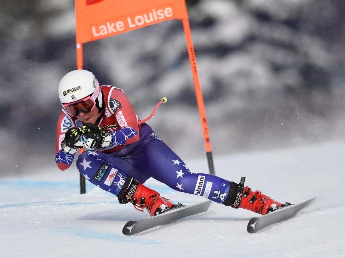 Western Washington University student Breezy Johnson, of the United States, skis down the course during a training run for the women’s World Cup downhill ski race in Lake Louise, Alberta, Nov. 30.