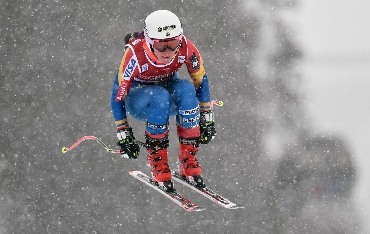 Western Washington University student Breezy Johnson, of the United States, skis down the course during the first women’s World Cup downhill training run in Lake Louise, Alberta, Nov. 28.