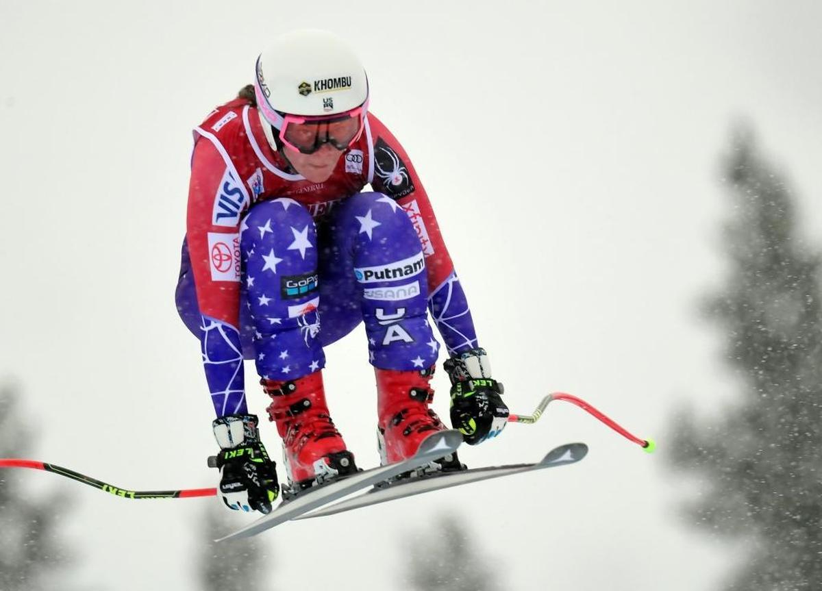 Western Washington University student Breezy Johnson of the United States, speeds down the course during the women's World Cup downhill ski race in Lake Louise, Alberta, Dec. 1.