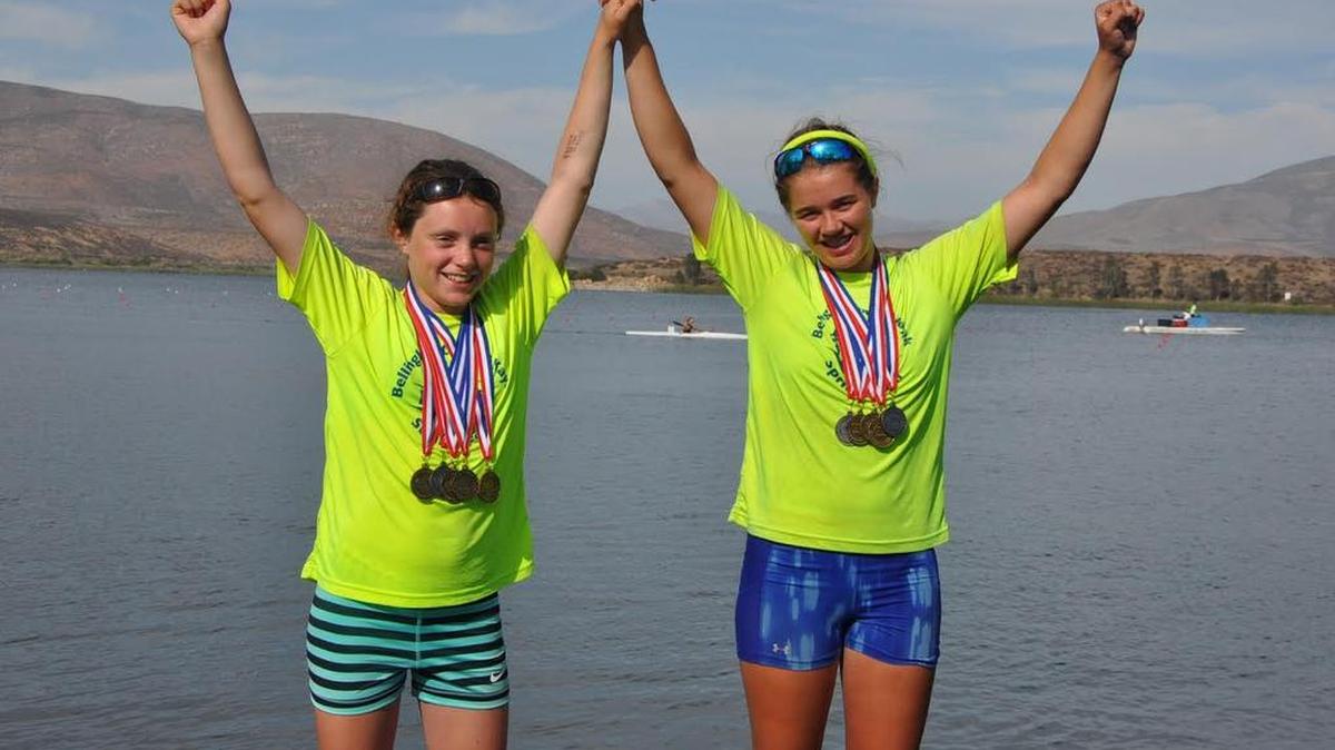 
Elena Wolgamot (left) and Ana Swetish show off their medals from the 2015 USA Sprint Canoe and Kayak National Championships on Sunday, Aug. 2, in Chula Vista, Calif. 
