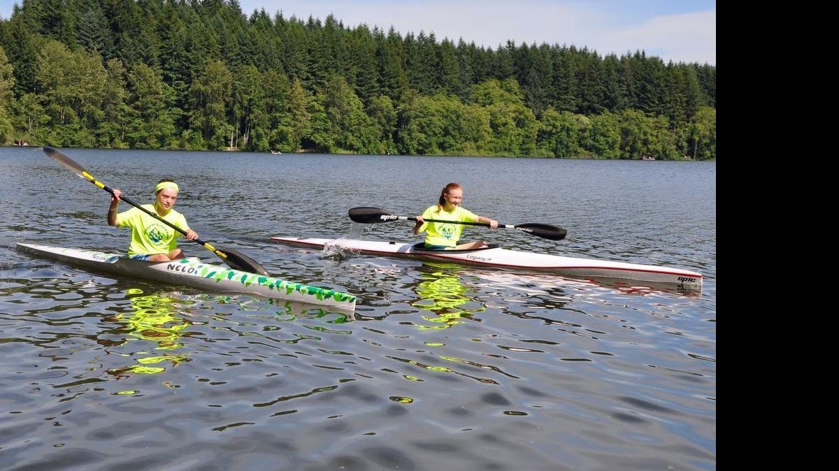 
Elena Wolgamot, left, and Sierra Noskoff paddle in their K1 Sprint kayak on Lake Whatcom.
