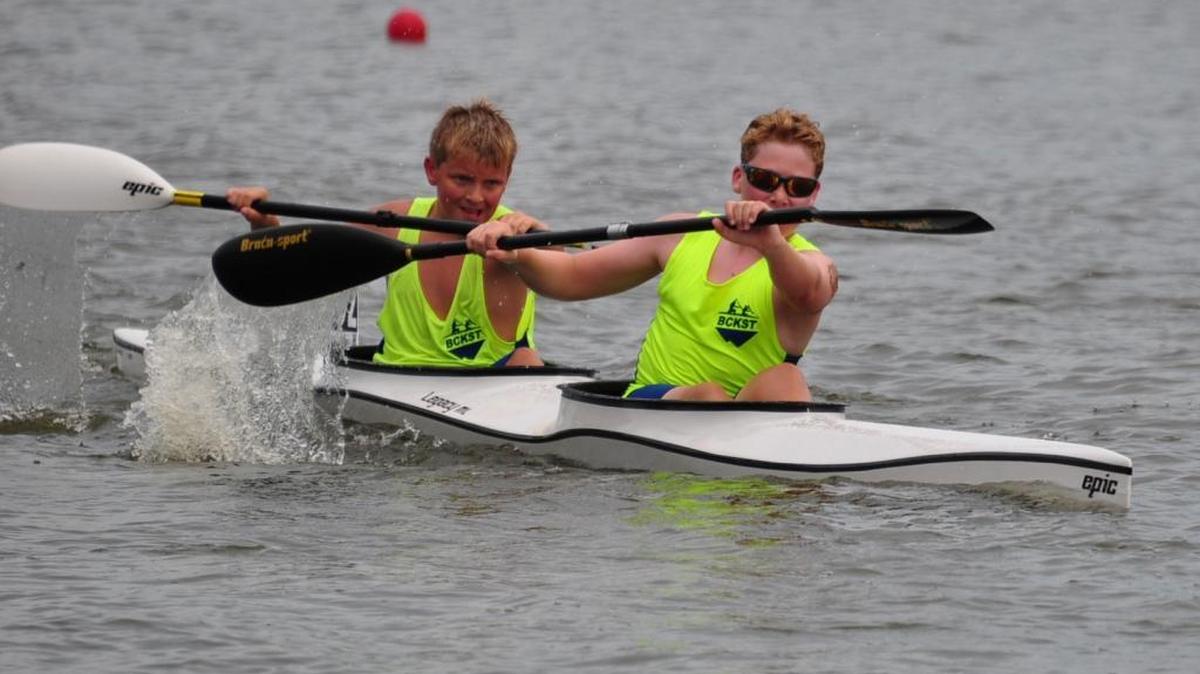BCKST paddlers Chayse Gauthier, left, and Jonas Ecker finish strong in the final few meters of the 3 kilometer distance race at the National Sprint Championships held Aug. 3-6 in Oklahoma City.
