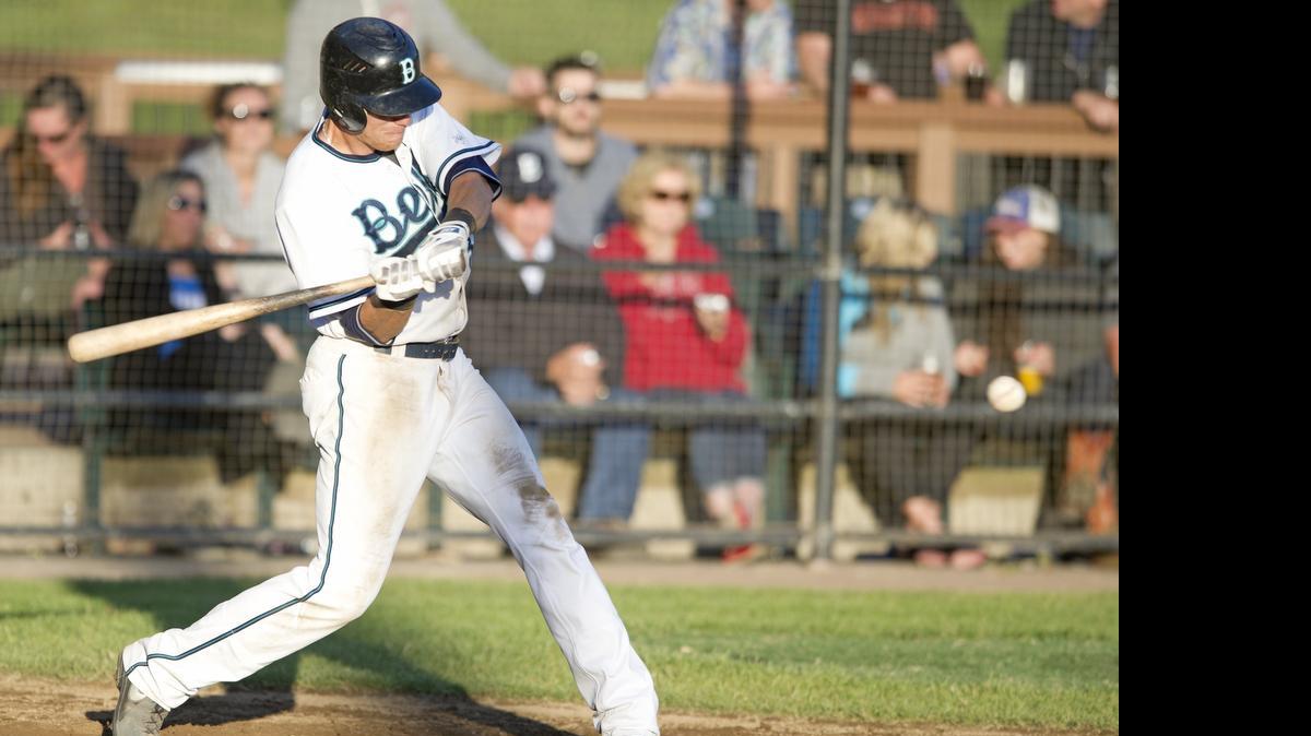
Bellingham Bells outfielder Aaron Stroosma hits an RBI single against Klamatha Falls in July 2014. Stroosma was one of five Bells selected to the WCL All-Star Game, which will be held Monday, July 20, at Joe Martin Field in Bellingham.
