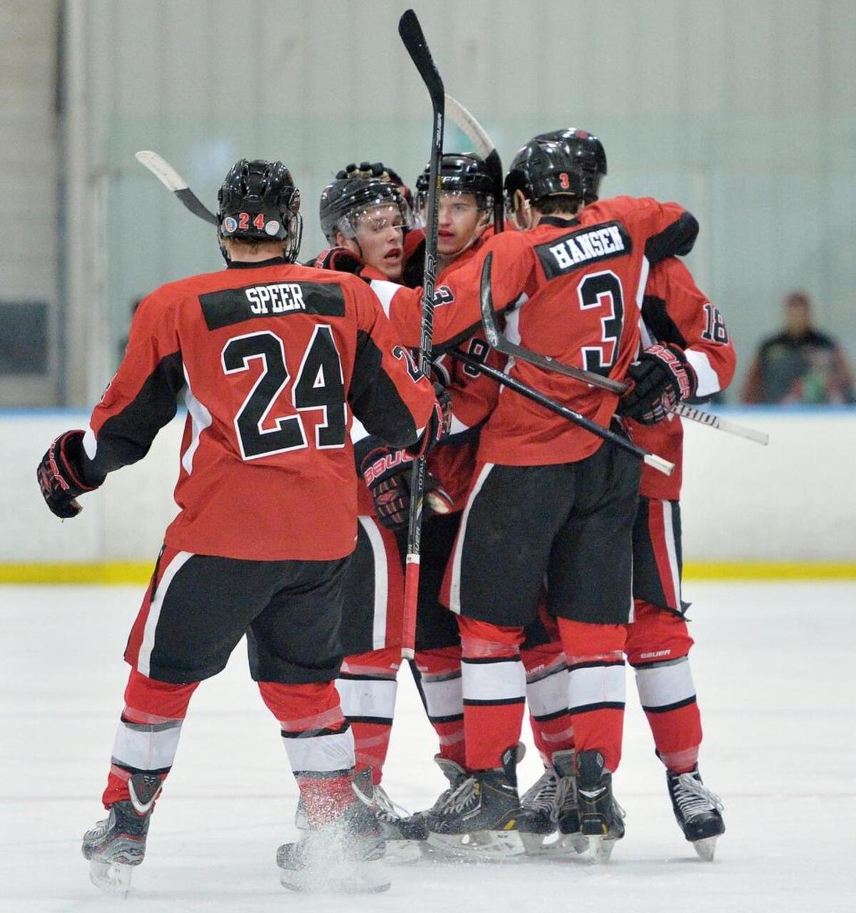 The Bellingham Blazers celebrate during Game 1 of Northern Pacific Hockey League’s 2014 Cascade Cup.