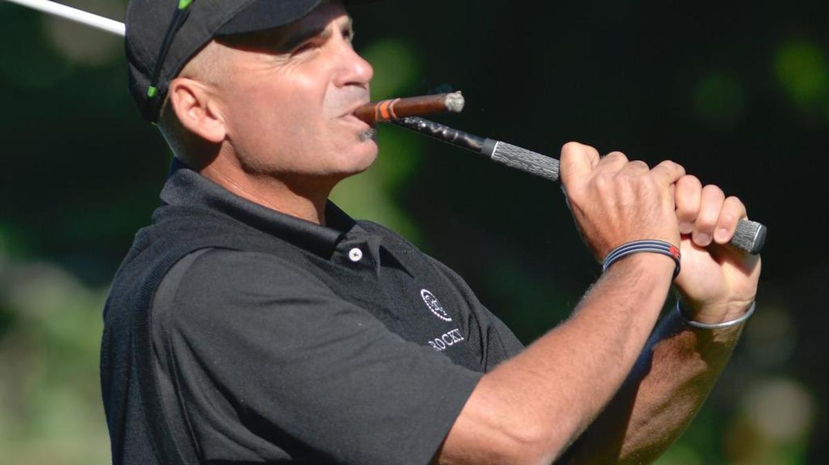 
Rocco Mediate watches his ball after teeing off at the Champions Tour Pro-Am on Monday, Aug. 17, at Semiahmoo Golf & Country Club. 
