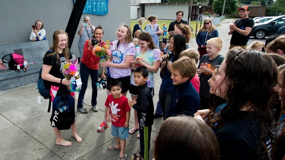 Bellingham Bay Swim Team coaches, swimmers and parents say goodbye and good luck to Emma Carlton after her final practice in Bellingham before heading to U.S. Olympic Trials on Thursday, June 23, at Arne Hanna Aquatic Center.