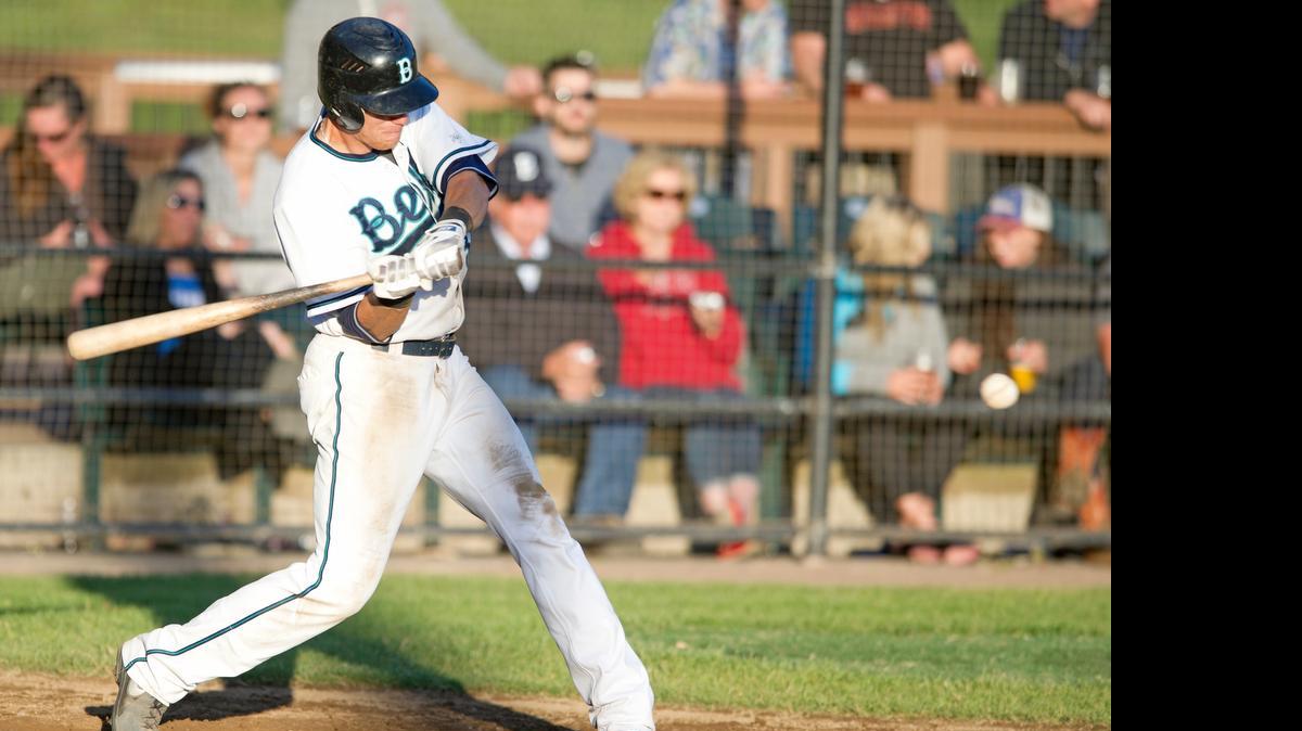 
Bellingham Bells outfielder Aaron Stroosma hit a RBI against the Klamatha Falls Gems, Monday, June 9, 2014, at Joe Martin Field in Bellingham.
