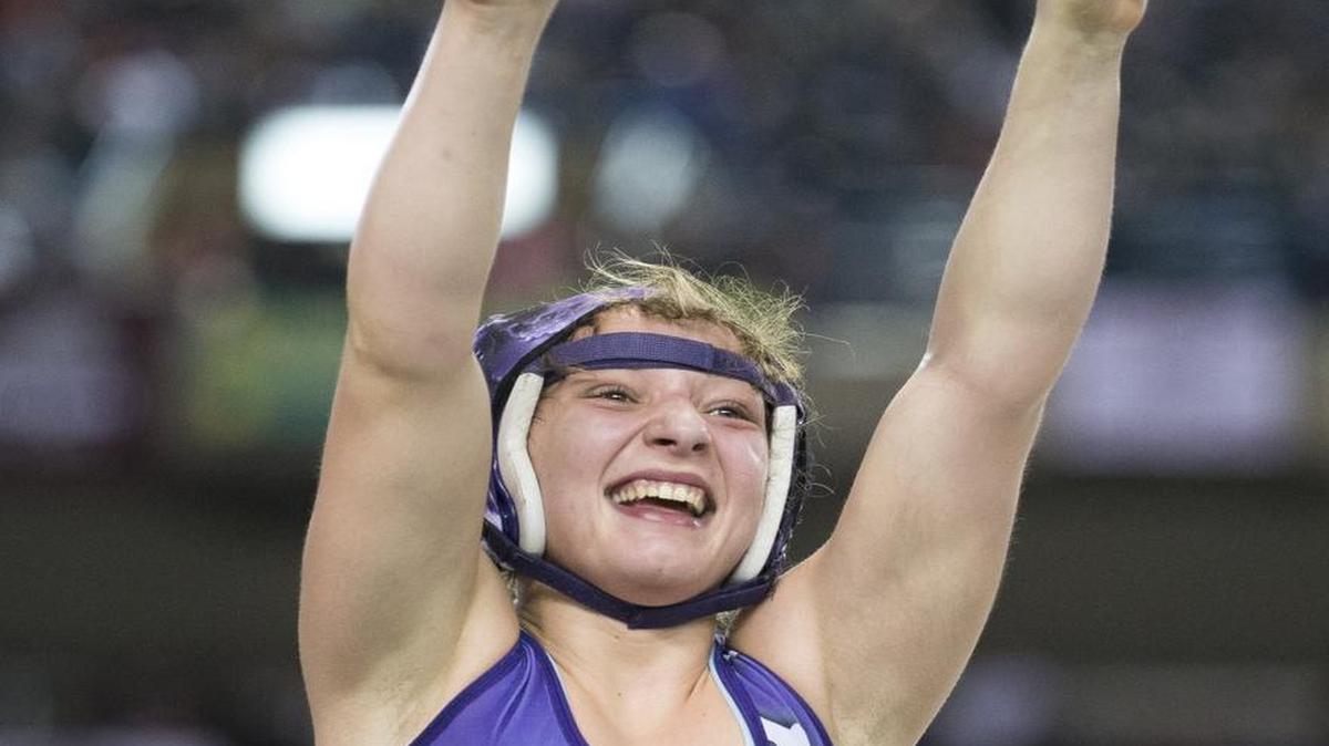 Nooksack Valley’s Emma Bruntil celebrates winning the girls’ 130-pound state championship at Mat Classic XXVIII in February at the Tacoma Dome. Last weekend, Bruntil won the 139-pound title at the USA Westerling Girls’ Junior Folkstyle National Championships in Oklahoma City.