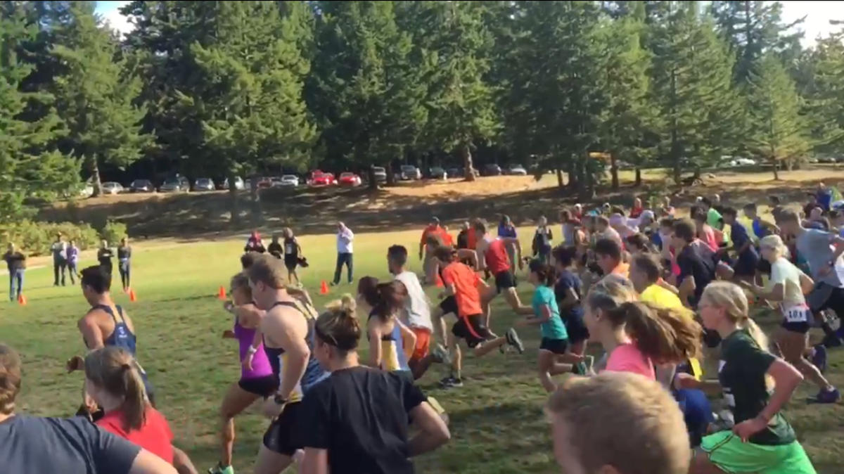 
Runners begin the Lake Padden Relay, a combined 10.35-mile course, with a race across the field onto the trail. The winning team, Trinity Western University, finished in just over 51 minutes on Saturday, Sept. 5, at Lake Padden Park.
