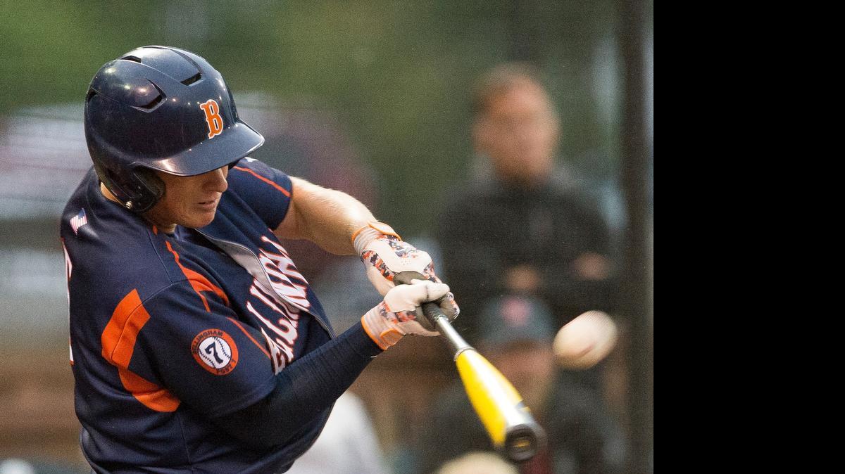 
Bellingham Post 7's Kyler Brudwick smashes a two-run home run during a victory over Spokane on Friday, July 24, at Joe Martin Field in Bellingham.
