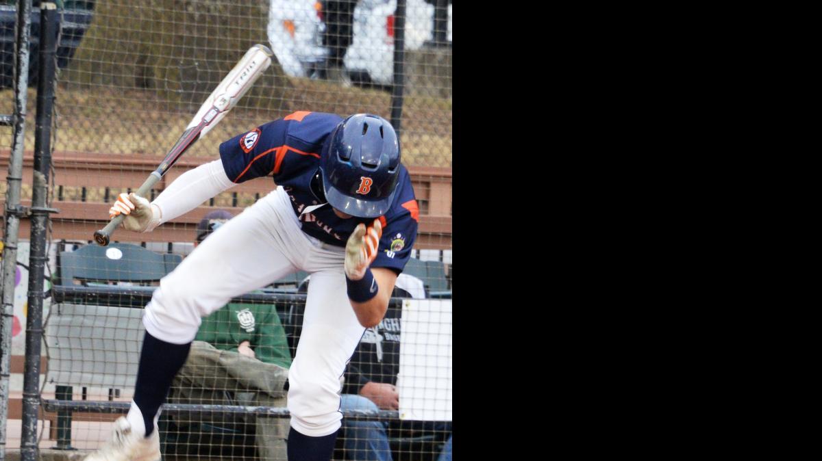 
Jordan Wittenberg is hit during the first inning against Kennewick on Saturday, July 25 at Joe Martin Field. 
