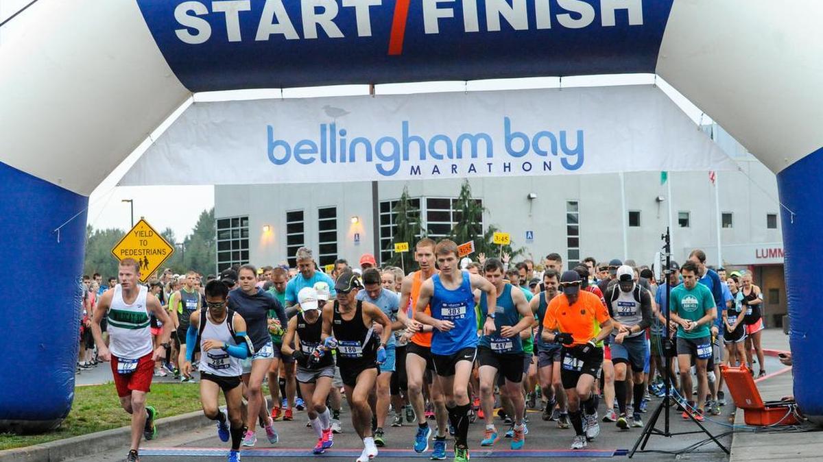 Runners in the Bellingham Bay Marathon start the race from the Lummi Nation School in Bellingham, Wash., on Sunday, Sept. 25. The race took runners from the Lummi Reservation to downtown Bellingham to finish on Railroad Avenue.