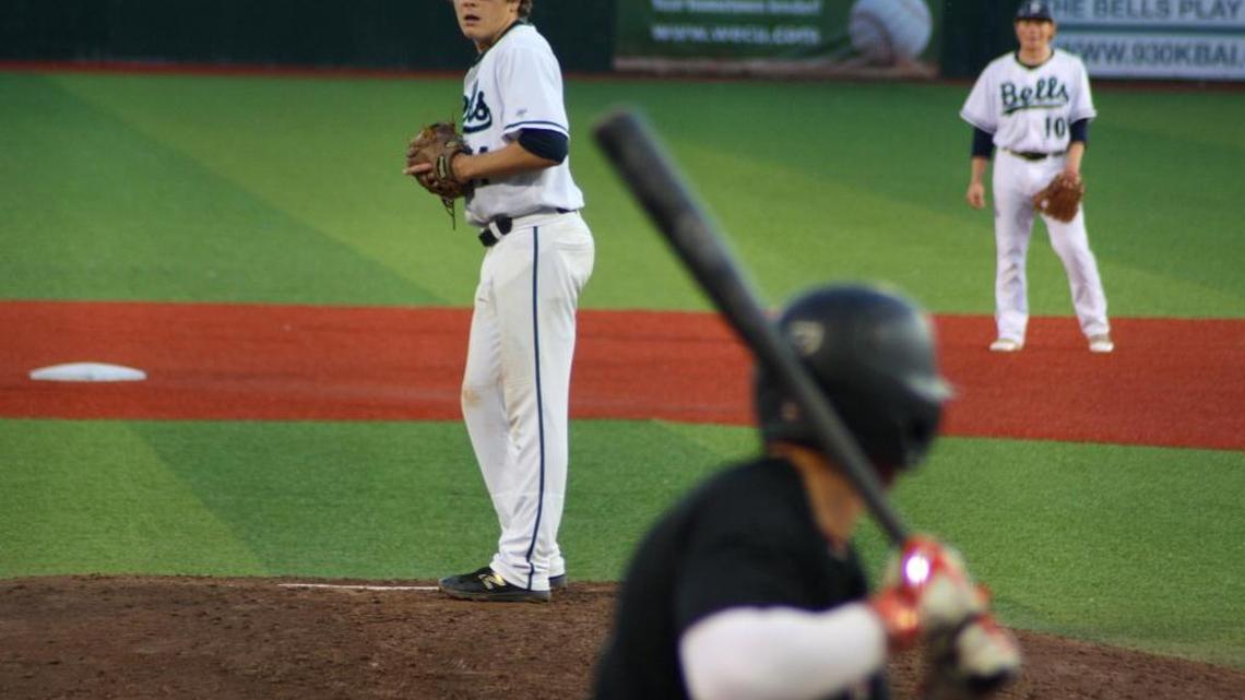 Bellingham Bells pitcher Spencer Howard stares down a Corvallis batter during Game 1 of the WCL championship series, Saturday, Aug. 13 at Joe Martin Field. The Bells lost the game 4-0.
