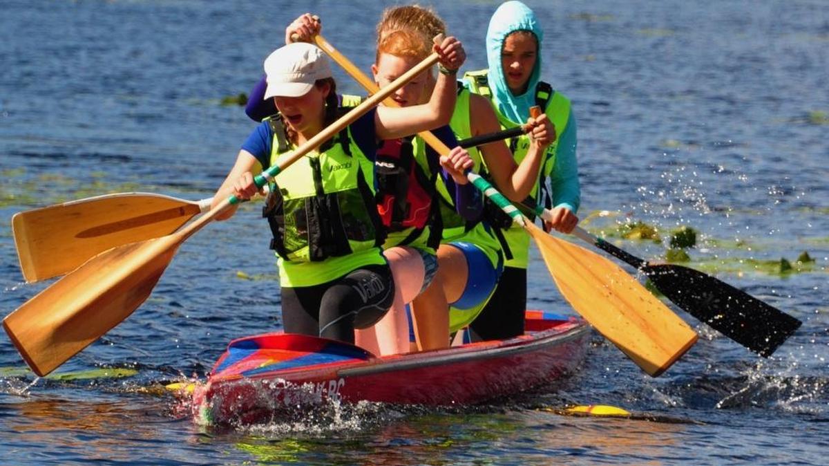 Elena Wolgamot, front, Sierra Noskoff, Emma McCoy and Ana Swetish finish fourth in C-4 xanoe race at the Pacific Cup Championships Sept. 10-11 at Whonnock Lake, B.C.