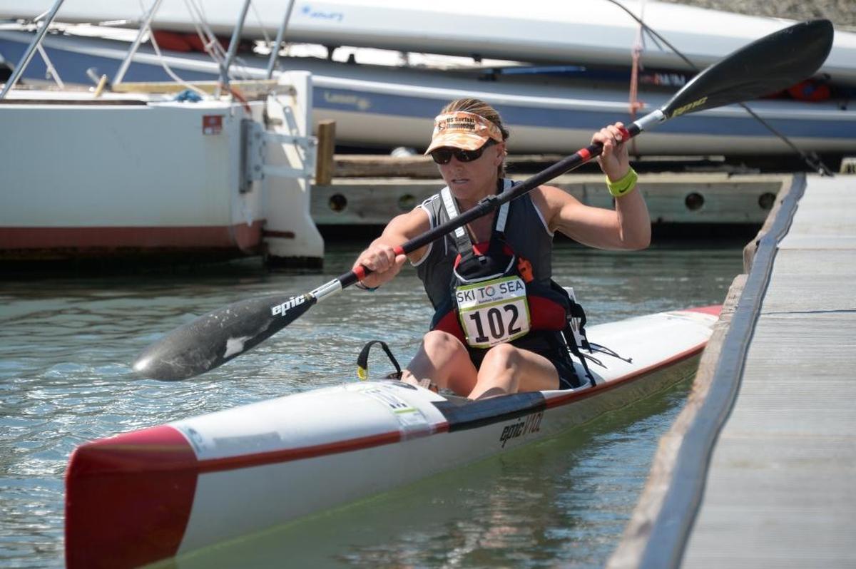 Kayaker Heather Nelson takes off in the kayak leg of the 2016 Ski to Sea Race at Squalicum Harbor in Bellingham.