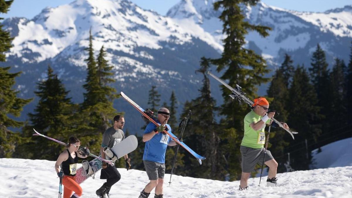 Competitors make their way up the mountain during the dowhill skiing/snowboarding leg of the 2017 Ski to Sea at Mt. Baker Ski Area.