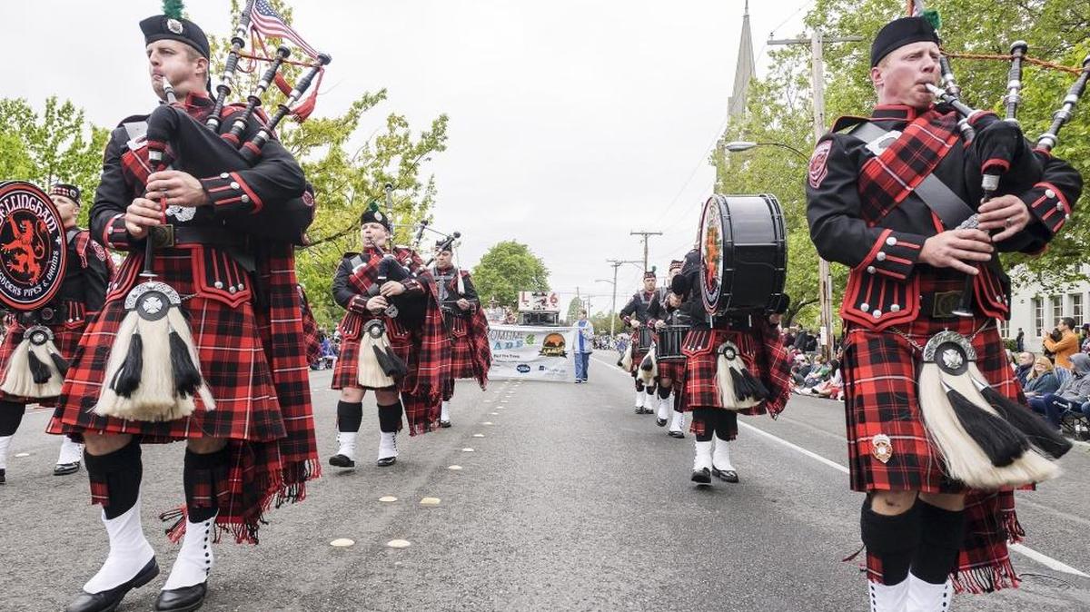 The Bellingham Firefighters Pipes & Drums perform for the crowd during annual 2015 Blossomtime Parade on Cornwall Avenue.