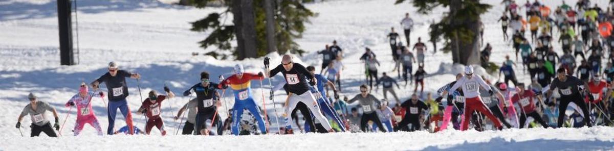Cross country skiers battle at the start of the 2017 Ski to Sea at Mt. Baker Ski Area.